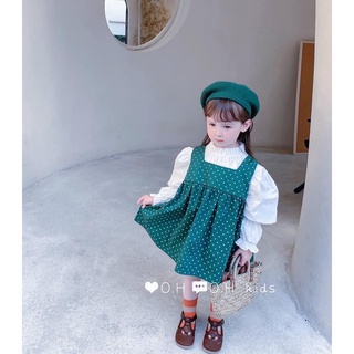 Váy chấm bi +áo trắng nhúm bèo bé gái