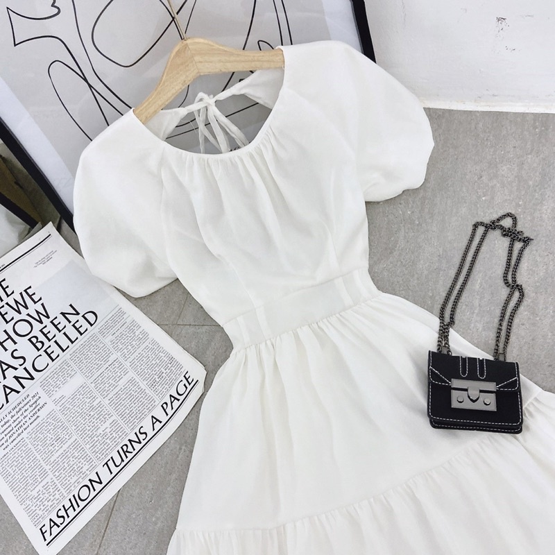 ĐẦM TRẮNG MIDI HỞ LƯNG NƠ SAU CỔ TRÒN