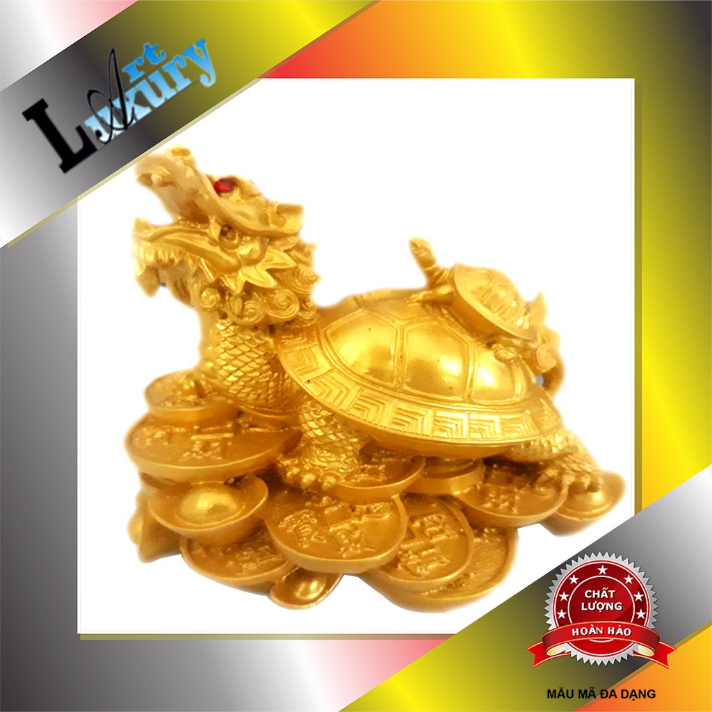 Rùa Đầu Rồng Cõng Con  Màu  Vàng Nhũ - Long Quy Linh Vật Phong Thủy  ED004 dài 12 cm  - Luxury Art