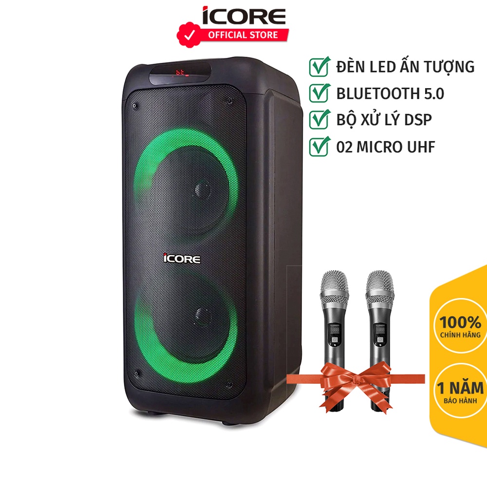Loa kéo hát karaoke iCore i8 - Kèm 2 micro UHF cao cấp - Hàng Chính Hãng