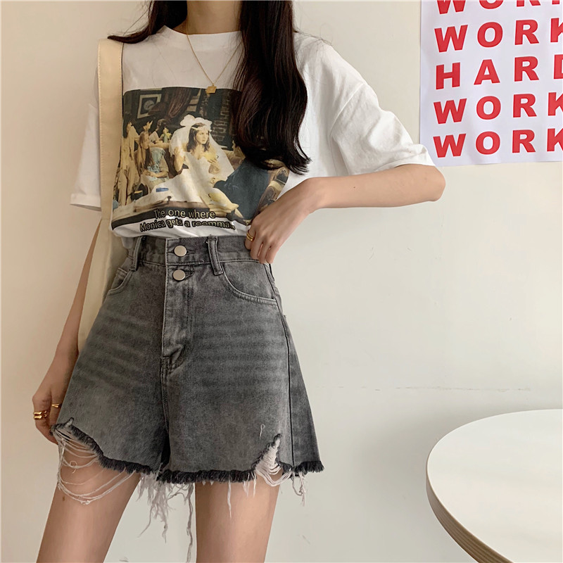 Quần Short Denim Lưng Cao Ống Rộng Phong Cách Hàn Quốc Với 2 Màu Tùy Chọn