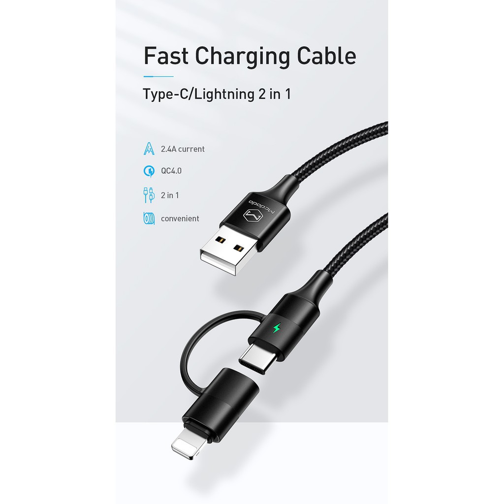 Dây cáp sạc nhanh Mcdodo USB 2 trong 1 Type-C/ Lightning dành cho iPhone Samsung Huawei Xiaomi