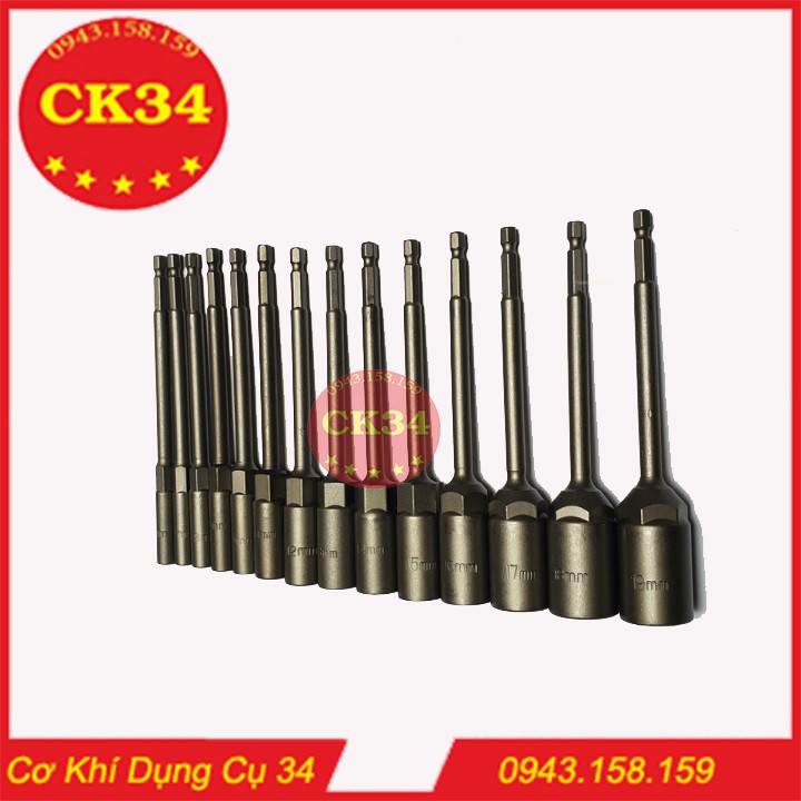 Chụp bulong, tuýp vặn khẩu sâu lòng 6-19mm cho khoan, bắn vít dài 150mm chuôi lục giác 14pc