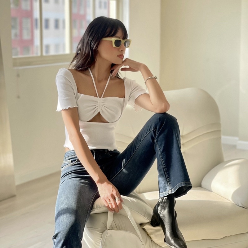 Áo croptop nữ body ngắn tay TOPTIFY yếm cột cổ viền lượn sóng Kartia Top AC213