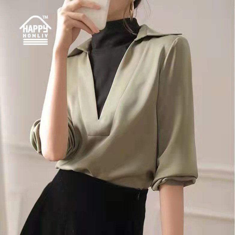 HAPPY HOMLIV Áo Sơ Mi Chiffon Trắng Giả Hai Lớp Cổ Chữ V Dày Dặn Phong Cách Hàn Quốc Cho Nữ big Size