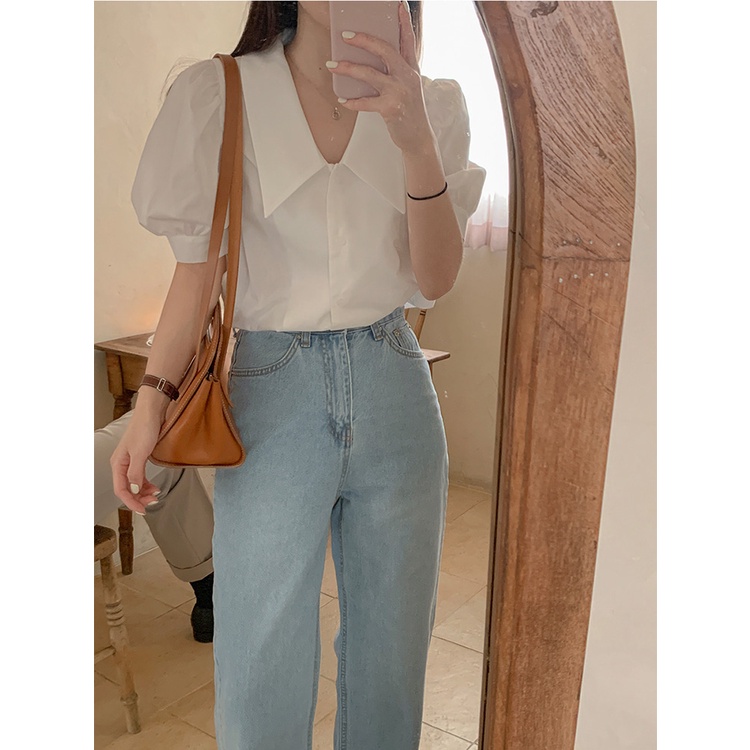 Áo Sơ Mi Tay Ngắn Phồng Cổ Chữ V Dáng Rộng Phong Cách retro Hàn Quốc Thời Trang Mùa Hè 2022 Cho Nữ