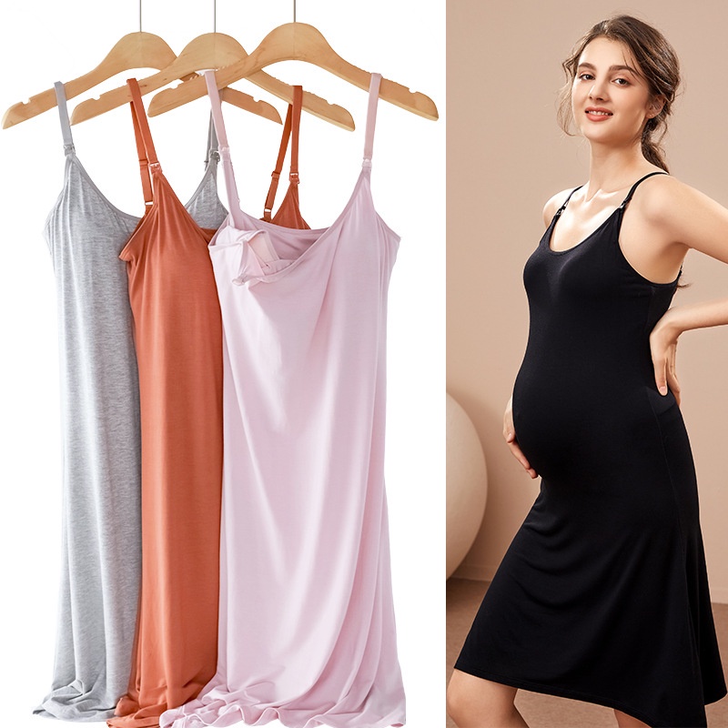 Đầm Bầu Hai Dây Có Sẵn Lót Ngực Và Nút Mở Cho Bé Bú cho mẹ bầu và sau sinh - Đồ bầu HappyMom