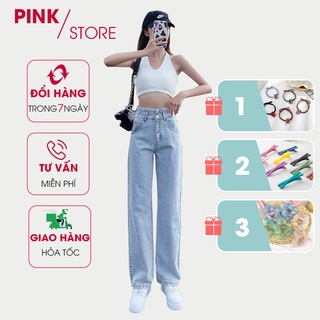 Quần Jean Nữ Cạp 3 Cúc Màu Xanh Bạc Lưng Cao Ống Suông Dài Phom Rộng Phong Cách Hàn Quốc Chất Vải Co Dãn Cao Cấp Loại 1