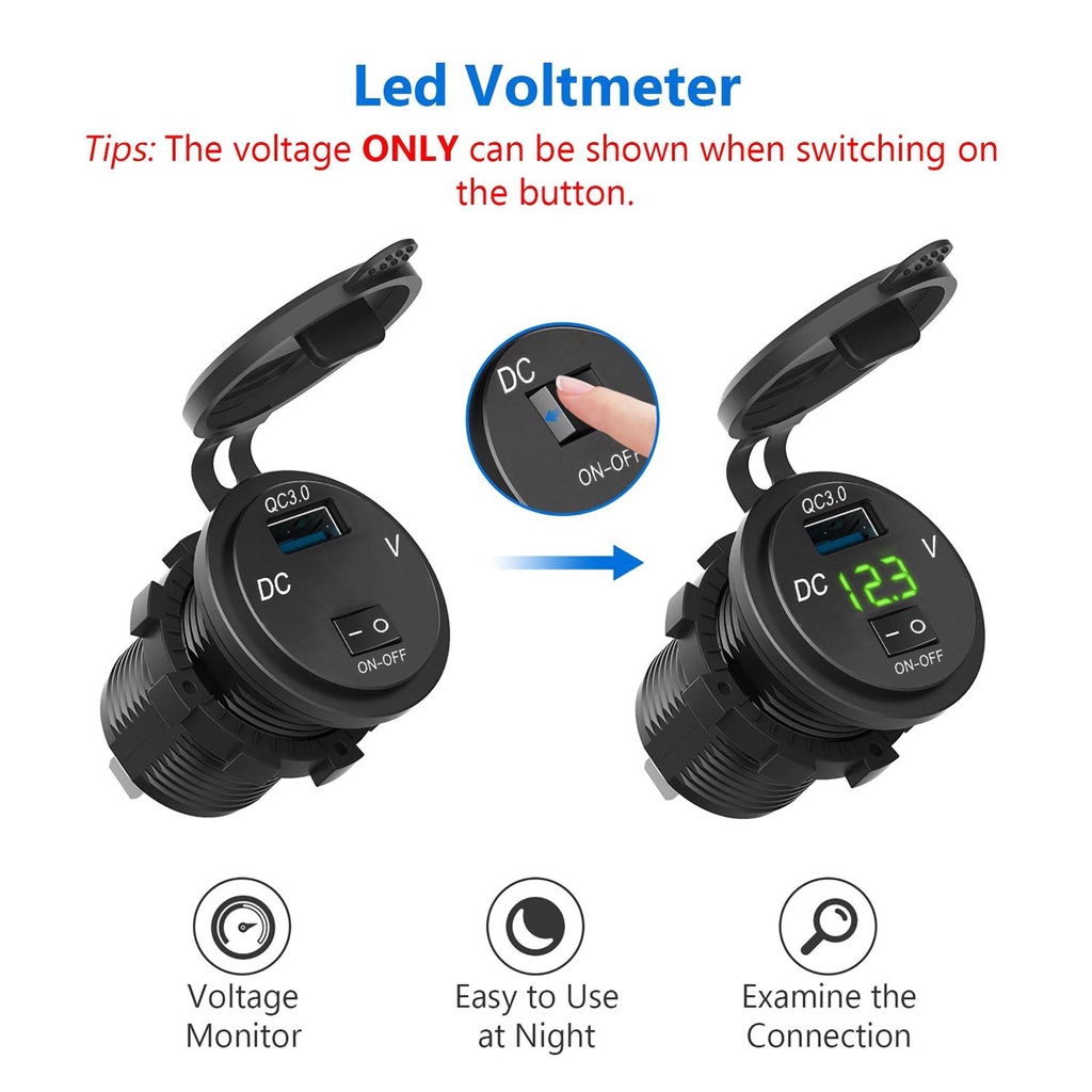Tẩu sạc USB QC 3.0 có led và công tắc bật/tắt sạc nhanh 18W 12V cho xe máy/ ô tô/ thuyền
