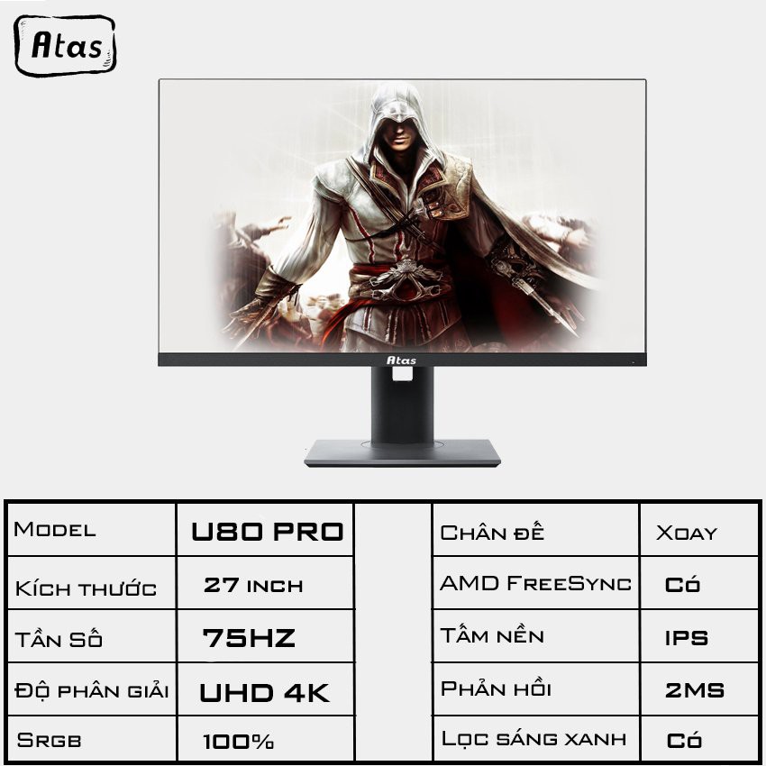 Màn hình 27 inch ATAS U80 Pro - Độ phân giải 4K - Tấm nền IPS - Phiên bản mới nhất 2021