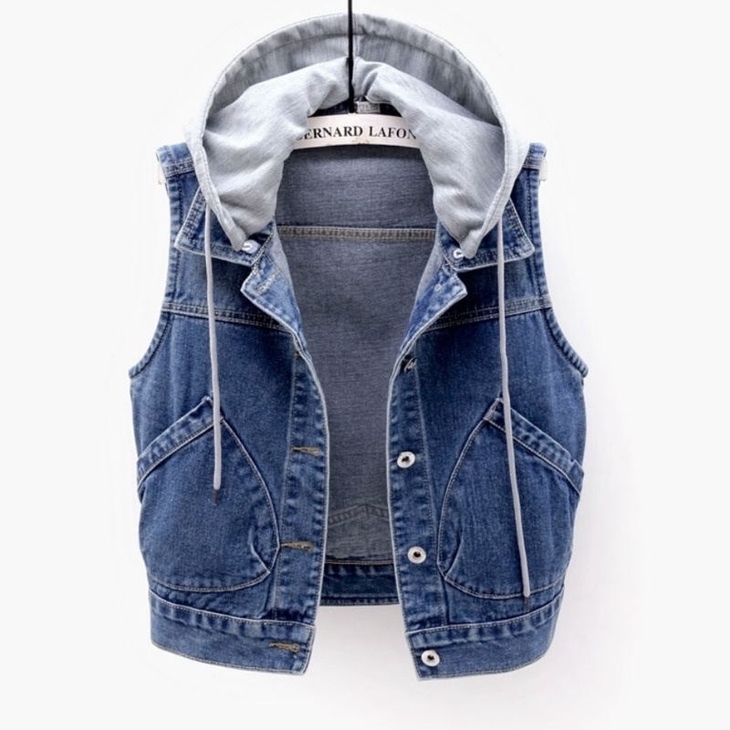 Áo khoác denim RENJIANVSHENG 165471 không tay cá tính phong cách retro Hàn Quốc/ size S-3xl có mũ trùm đầu