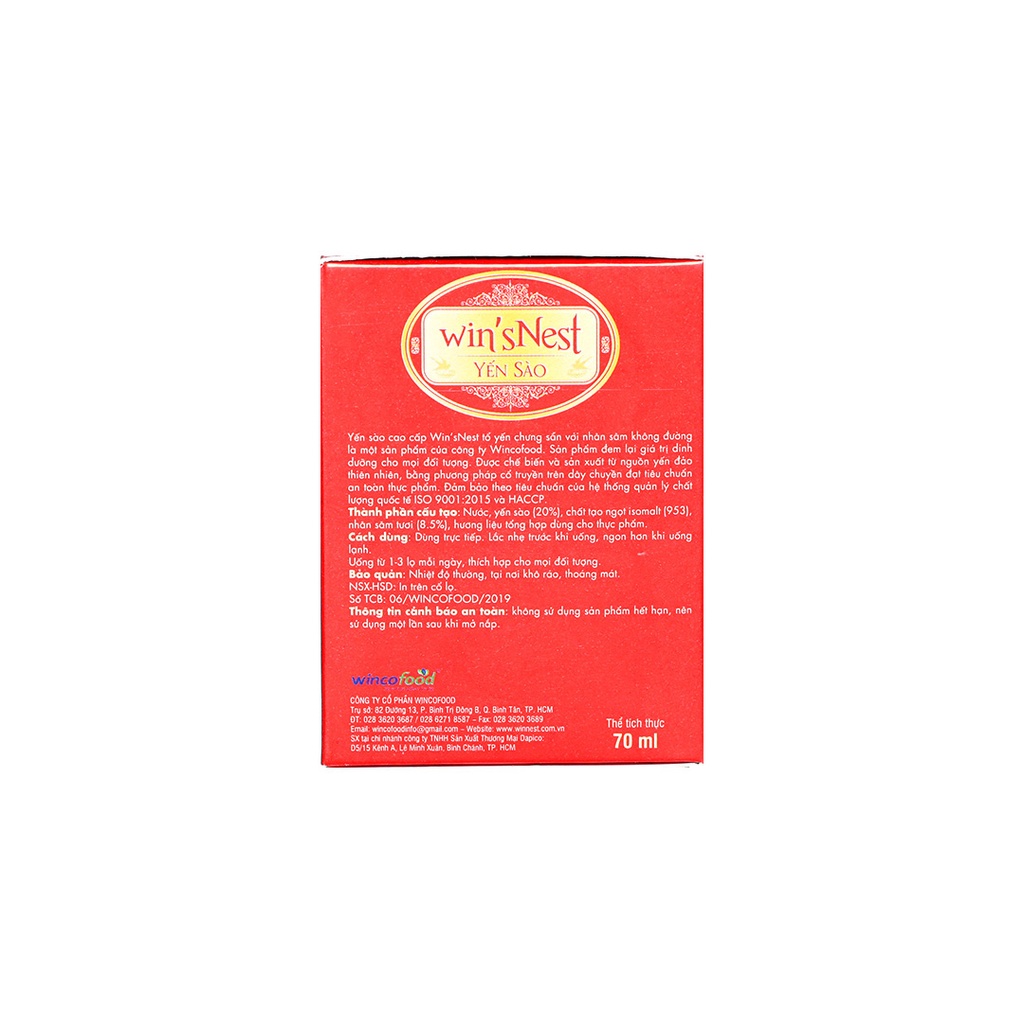 THÙNG 72 LỌ YẾN SÀO WIN'SNEST TỔ YẾN CHƯNG SẴN NHÂN SÂM KHÔNG ĐƯỜNG (70ML/LỌ)