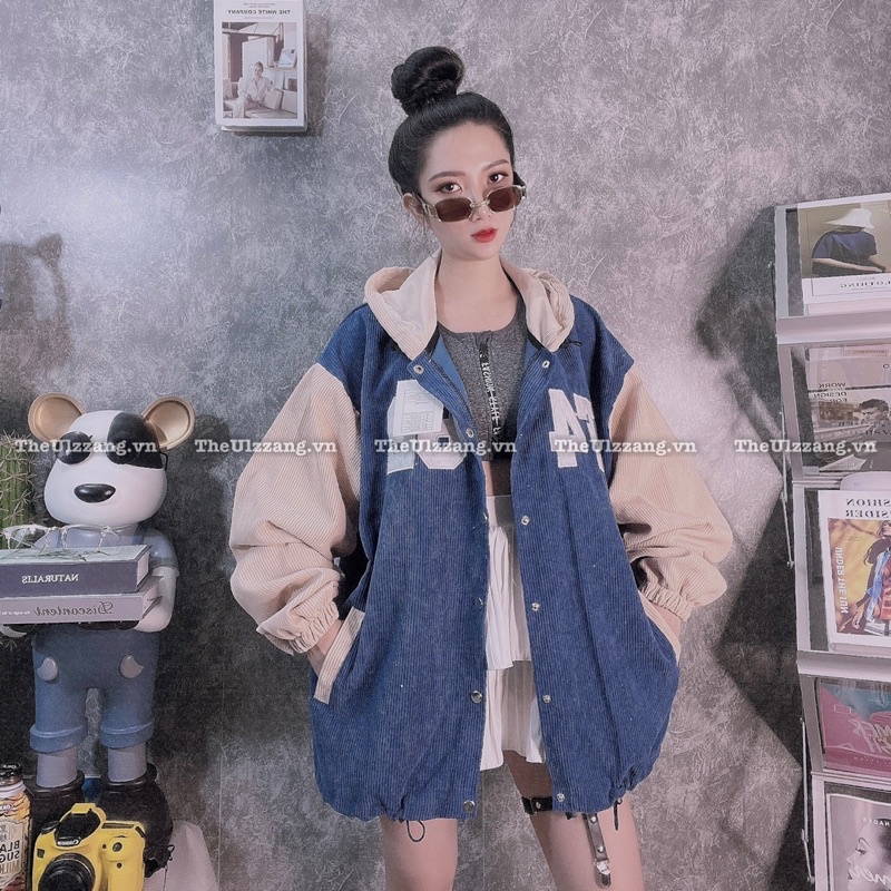 Áo khoác nhung tâm nút bấm form rộng nam nữ hàng quảng châu thêu AM F462 NÓN - NT1005