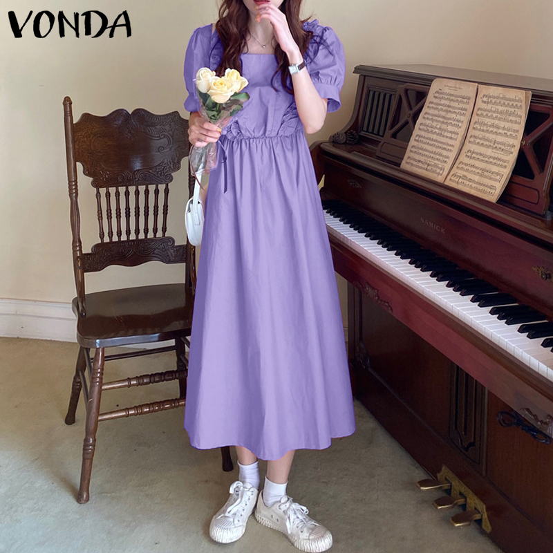 Váy VONDA tay ngắn cổ vuông kiểu xếp ly thời trang hè Hàn Quốc trẻ trung cho nữ