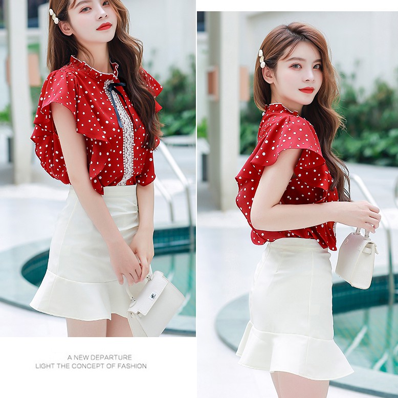 Áo Voan Ngắn Tay Họa Tiết Chấm Bi Xinh Xắn Dành Cho Nữ