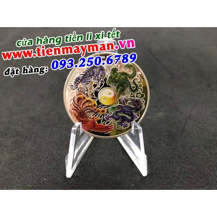 Đồng Xu Tứ Linh ý nghĩa phong thủy - tặng kèm túi gấm rồng phụng
