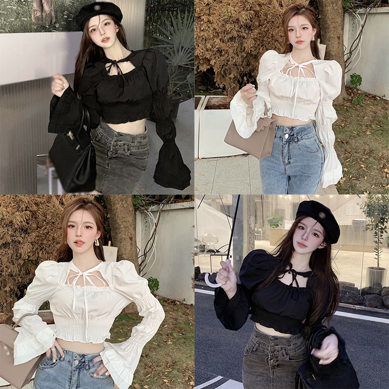 Áo Kiểu Dài Tay Ống Loe Thắt Nơ Thời Trang Nữ Tính