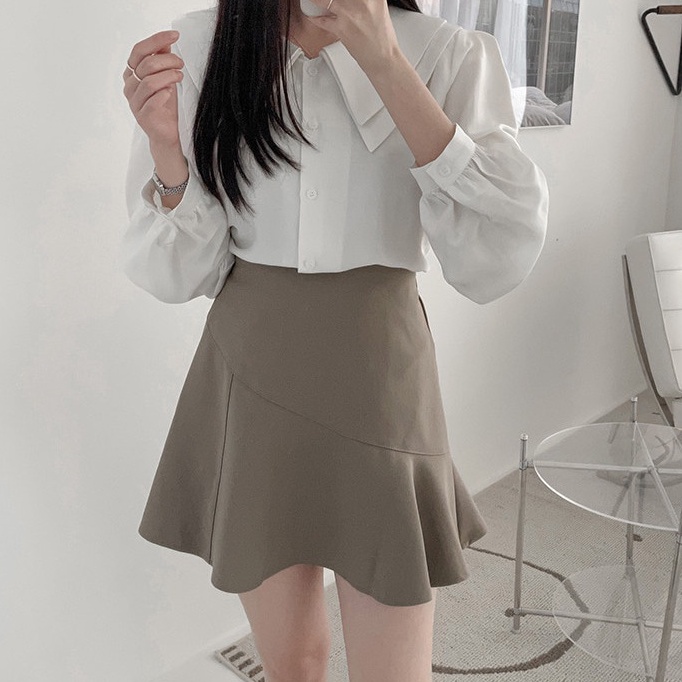 Áo sơ mi tay dài cổ bẻ phối bèo/ chân váy chữ A lưng cao phong cách mới 46910