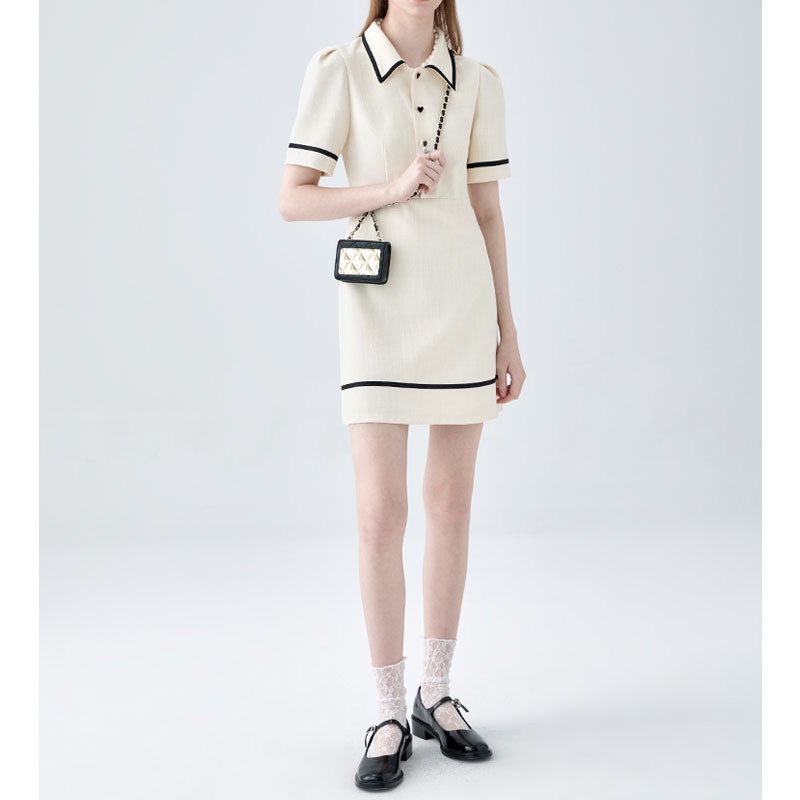 (HÀNG SẴN) Váy tay phồng tay màu Beige, cổ áo Polo. Váy (đầm) công sở