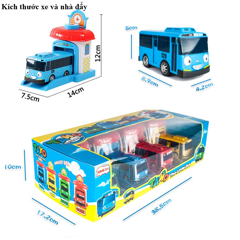 Mô hình xe buýt tayo Tayo The little bộ gồm 4 gara và xe đồ chơi trẻ êm bằng nhựa