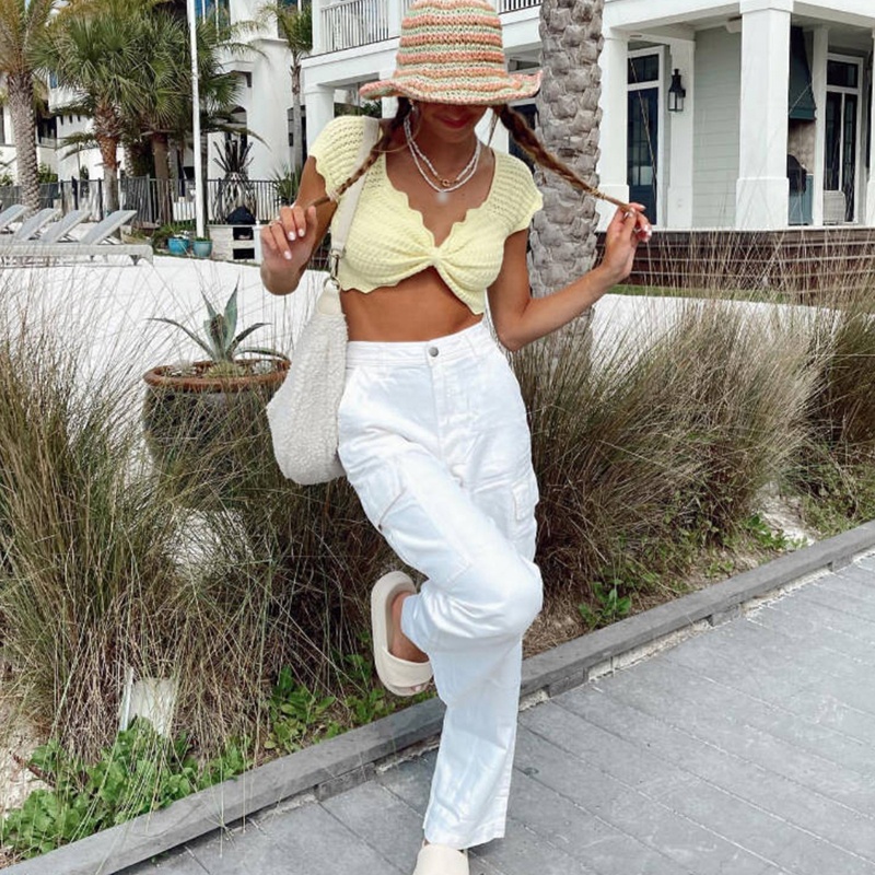 Áo Croptop Dệt Kim Cổ V Ngắn Tay Thắt Cà Vạt Thời Trang Nữ Tính