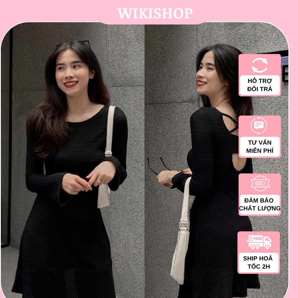 Váy đầm nữ dài tay loe cổ thuyền hở lưng đan dây sexy xòe ngắn màu đen freesize phom ôm body đi chơi Wikishop C1046