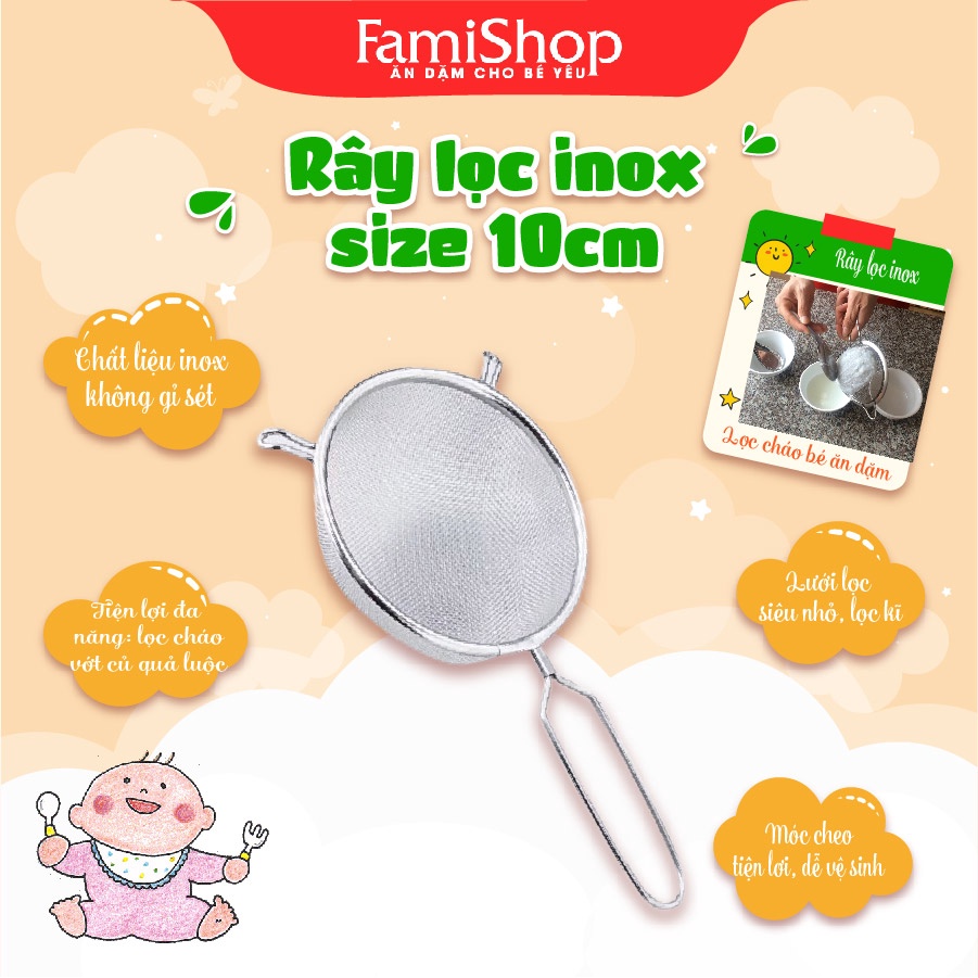 FamiShop Rây cháo, rây bột cho bé ăn dặm bằng inox không gỉ size 10cm cán đỏ