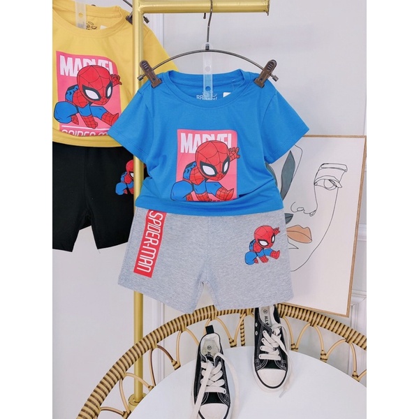 Bộ cộc tay in hình siêu nhân Spider-man cotton màu xanh. vàng . đỏ cho bé trai từ 10-23kg ( hình thật và video thật)