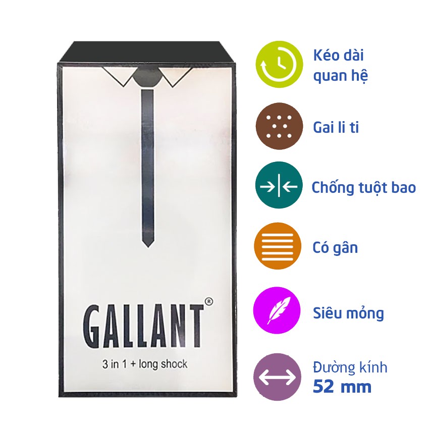 2 Hộp Bao Cao Su Gallant 3 in 1 Long Shock Hộp 10 cái