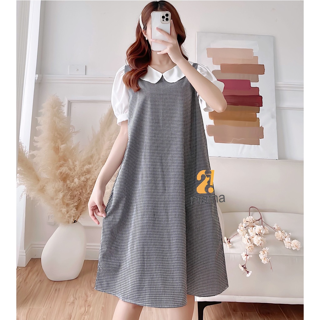 Váy bầu thiết kế kẻ cố sen tay bồng 2mama V100