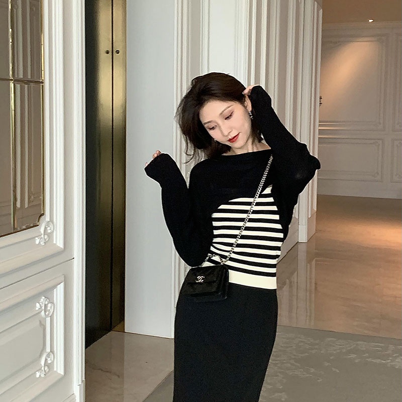 Set Áo Len Dài Tay Họa Tiết Kẻ Sọc Và Áo Hai Dây Phong Cách Hàn Quốc Thời Trang Cho Nữ