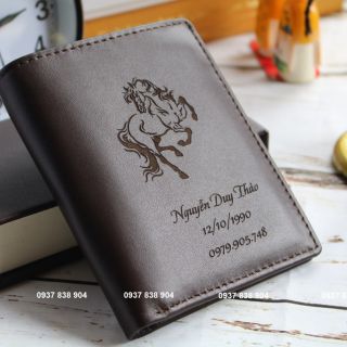 Ví đứng nam da bò khắc tên