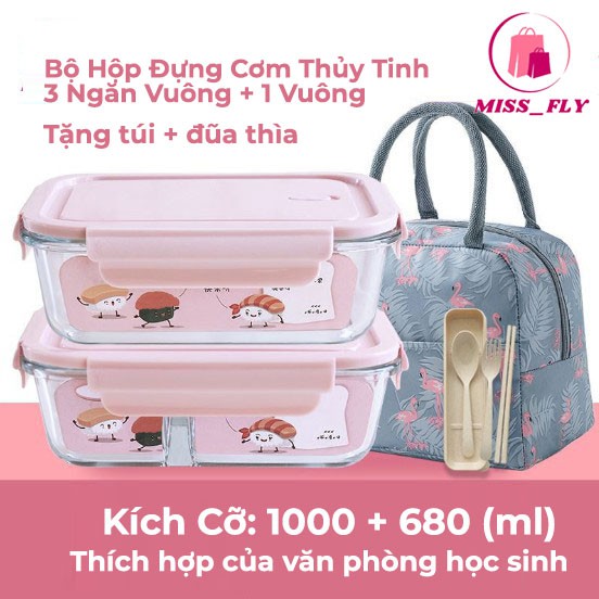 Bộ 2 Hộp Đựng Cơm Thức An Thủy Tinh Cỡ Lớn, Chịu Nhiệt Cao, Chống Tràn, Tặng Kèm Túi Giữ Nhiệt Và Bộ Đũa Thìa - missfly