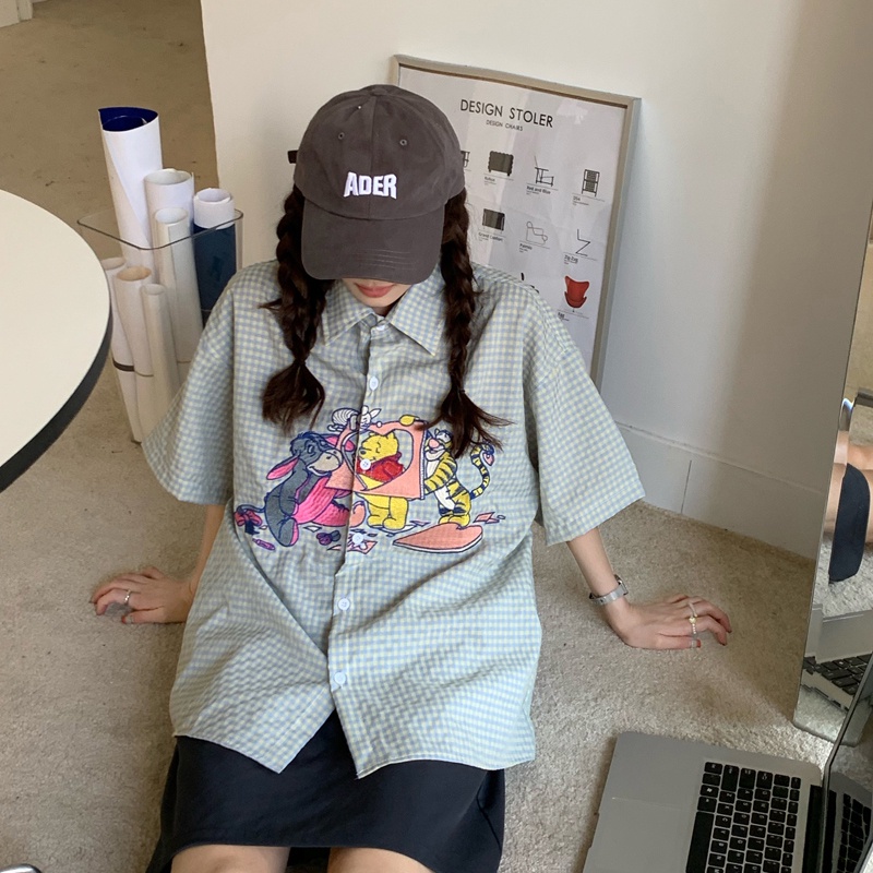 SUXI Áo Sơ Mi Tay Ngắn Dáng Rộng In Họa Tiết Hoạt Hình Kiểu Vintage Thời Trang Mùa Hè Cho Nữ