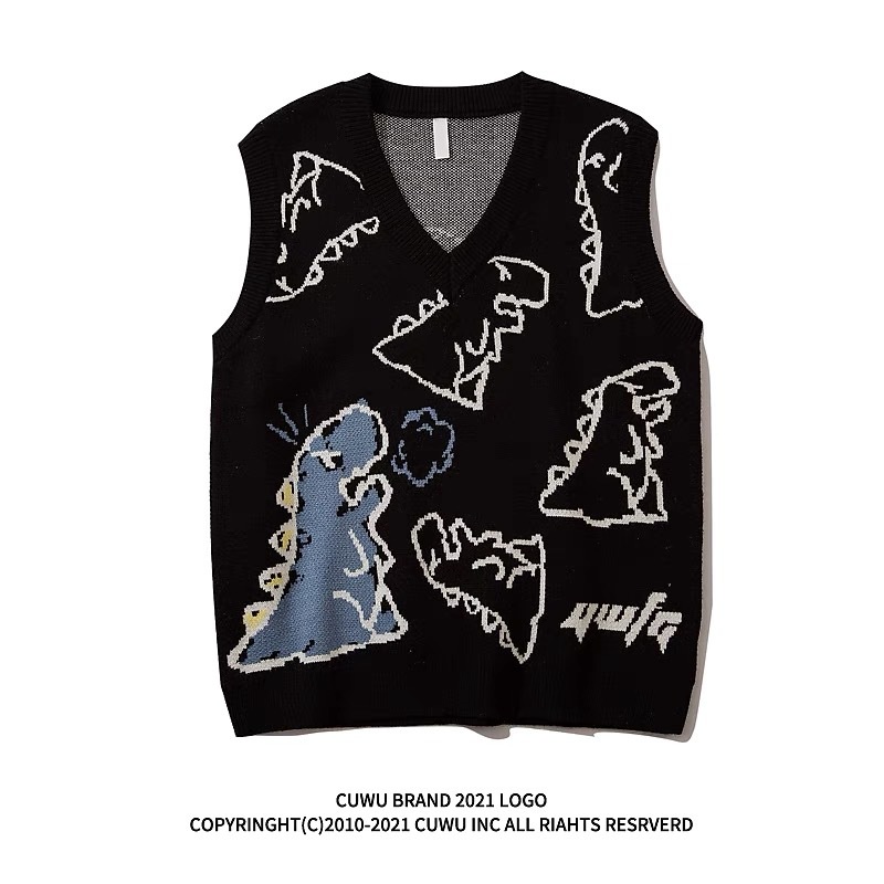 Áo gile len Sát Nách Dáng Rộng Cổ Chữ Hoạt Hình Khủng Long