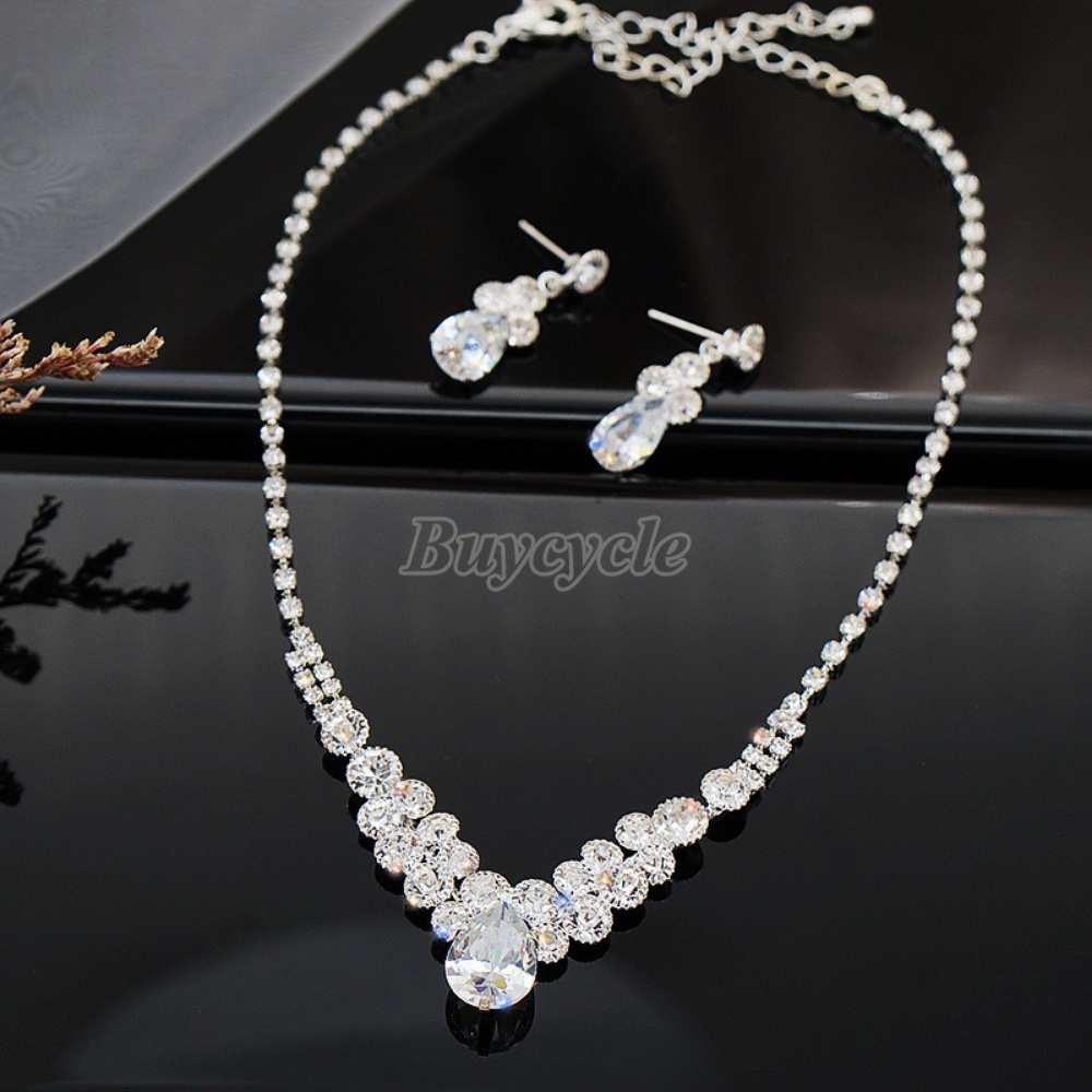 Bộ Vòng cổ + Bông Tai Đính Kim Cương Zircon Hình Giọt Nước Màu Sáng Thời Trang Cho Nữ