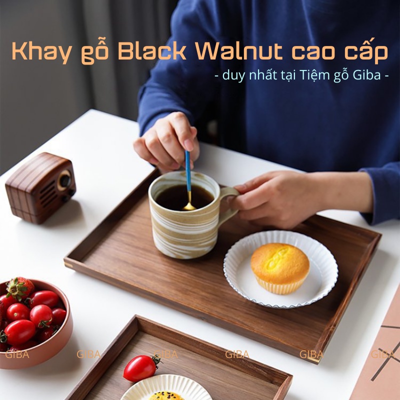 KHAY GỖ BLACK WALNUT GIBA ĐỰNG ĐỒ ĂN DECOR CHỤP ẢNH PHONG CÁCH NHẬT BẢN ( CẠNH ĐỨNG )