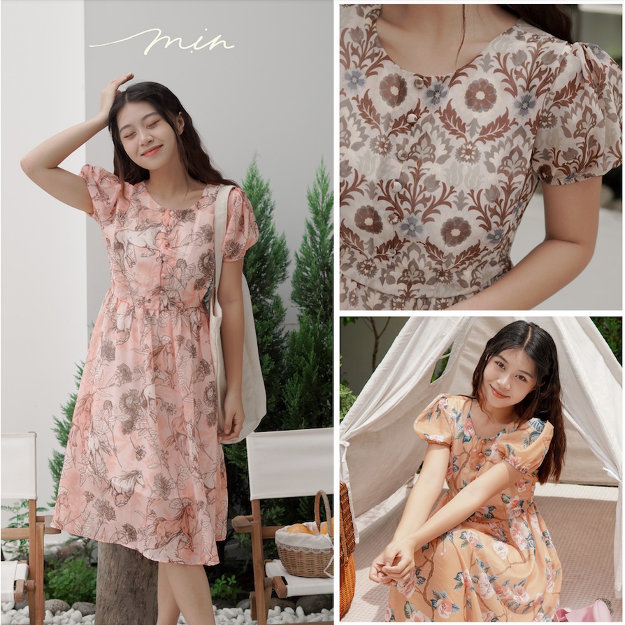 Đầm Tơ 2 lớp Xoè đính Nút bọc màu Hồng Cam Xanh, Váy đi chơi đi làm công sở nhẹ nhàng lịch sự ôm dáng