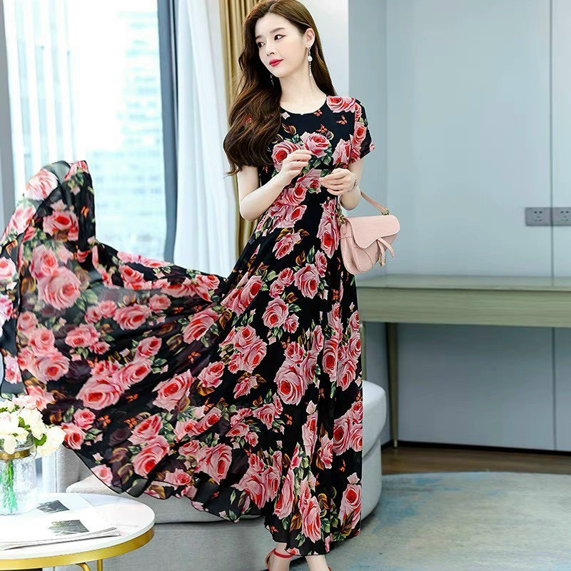 [HCM] Đầm Maxi Voan Chingfon 2 Lớp Họa Tiết Hoa Hồng Thời Trang Nữ Sam Closet Free Size 40-55kg