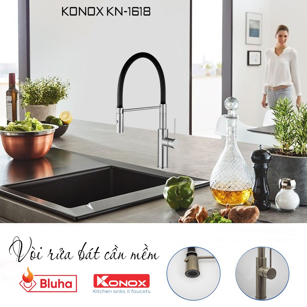 Vòi rửa bát cần mềm KONOX KN-1618 hợp kim đồng tiêu chuẩn Châu Âu, 2 chế độ nước