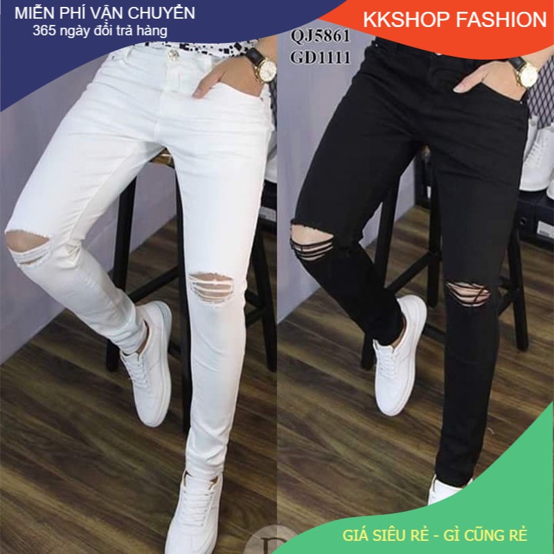 Quần jean nam 👖 FREESHIP 👖 Quần jean nam rách gối kiểu rách có 2 màu đen trắng KKSHOPFASHION