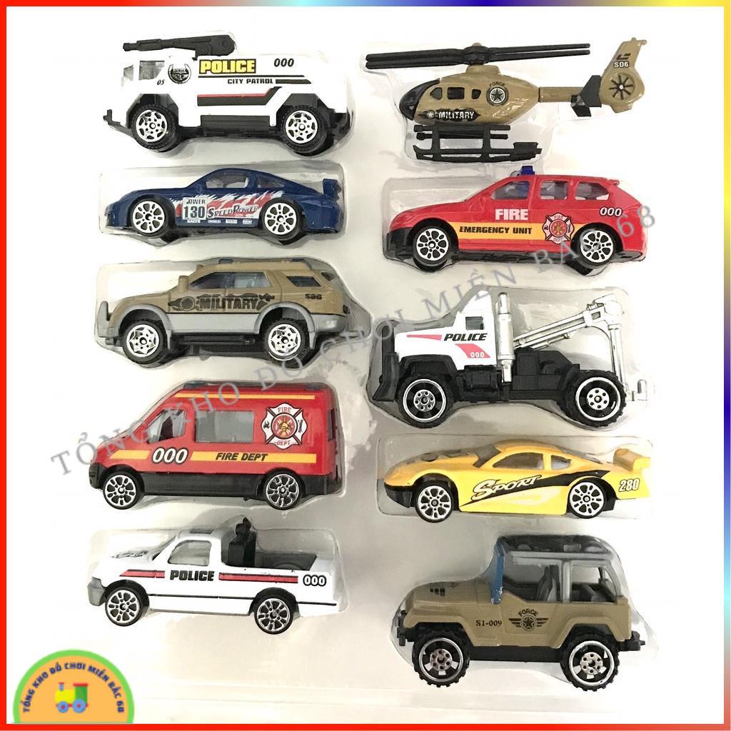 Đồ chơi Hộp 10 xe ô tô sắt quân sự cứu hỏa, cảnh sát, máy bay, xe tăng siêu bền cho các bé trai TKMB68