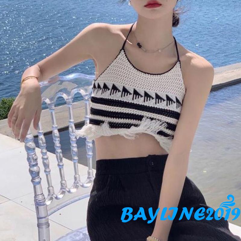 Áo Lửng Cổ Yếm Họa Tiết Sọc Ngang Thời Trang Quyến Rũ Dành Cho Nữ