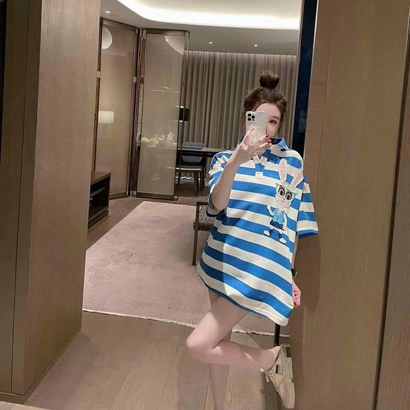 Váy len suông cổ đức cộc tay thỏ đeo kính kẻ sọc to hàng QC