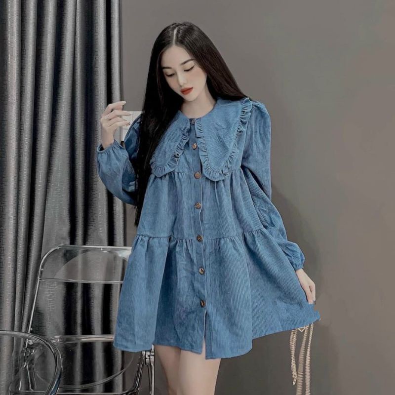 Váy Đầm Babydoll Cổ Bèo Tay Dài Tiểu Thư Chất Nhung Tăm