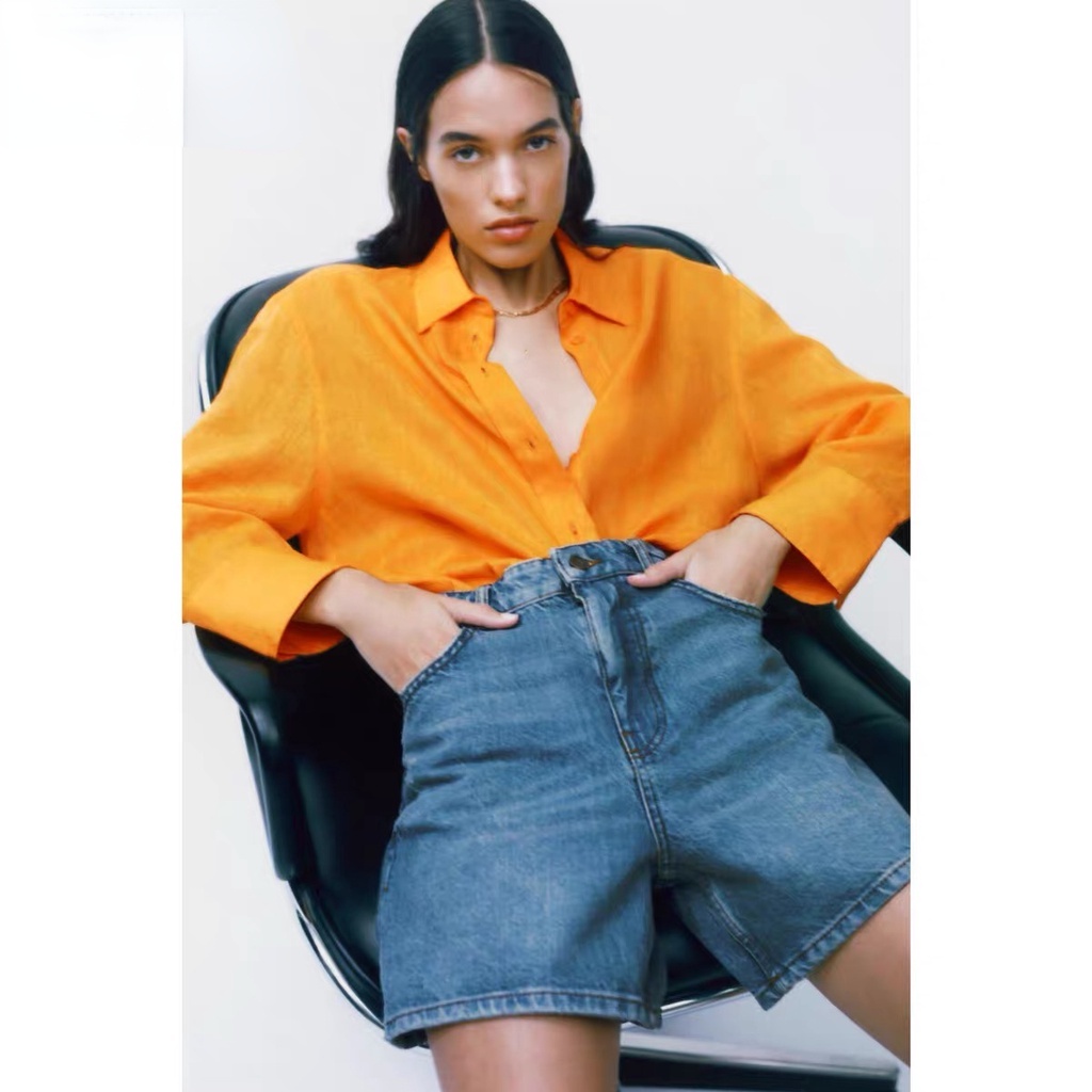 Zara Áo Sơ Mi Vải Lanh Dài Tay Thời Trang Mùa Xuân Cho Nữ