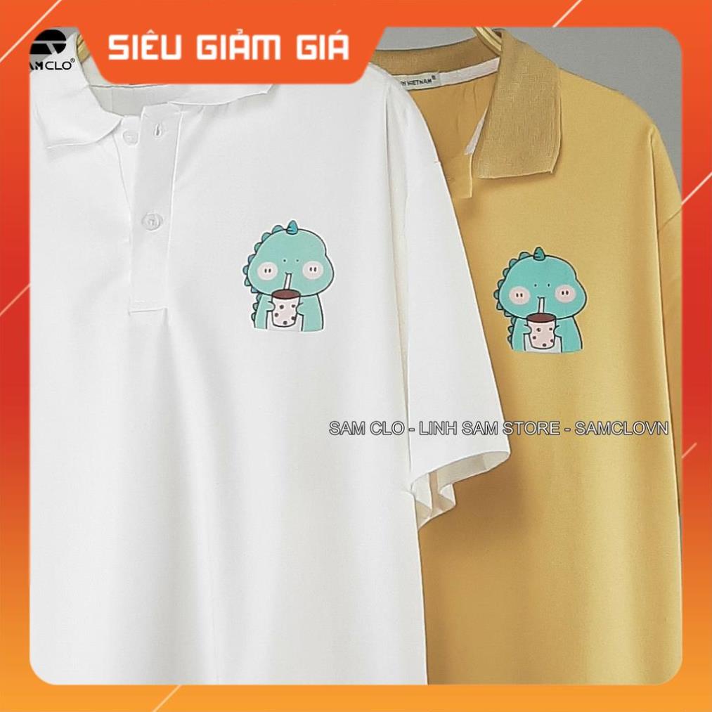 Áo thun Polo form rộng tay lỡ nữ SAM CLO phông freesize unisex mặc đi học, nhóm, lớp in hình KHỦNG LONG XANH TRÀ SỮA