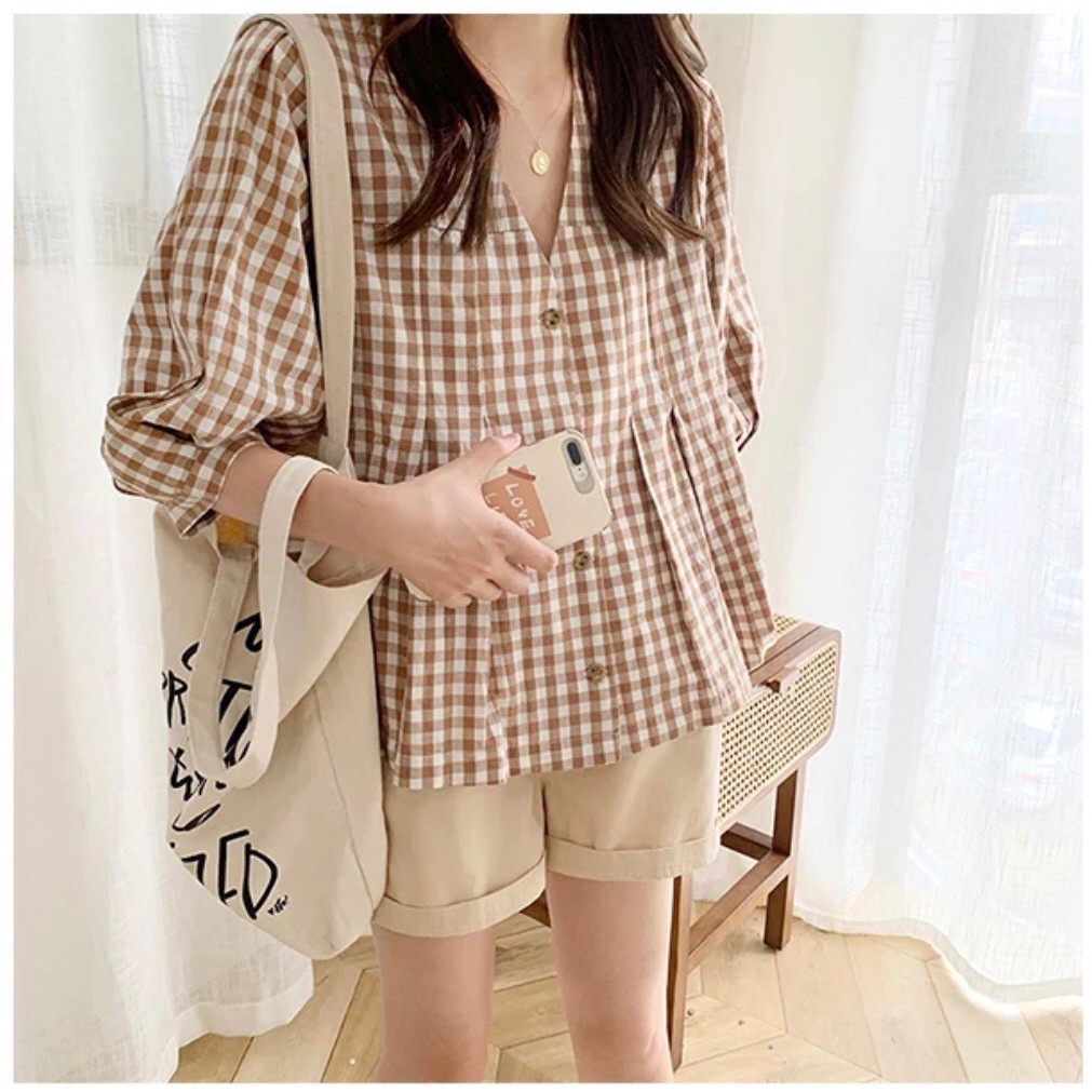 SET BỘ ÁO SƠ MI CARO CỔ V TAY BỒNG MIX QUẦN SOOC ĐÙI KEM GẤP GẤU QUẢNG CHÂU DỄ THƯƠNG