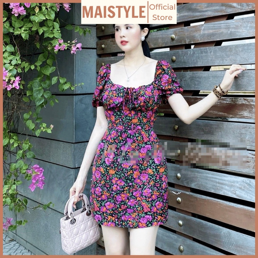 Váy hoa nhí MAISTYLE đầm body hoa nhí tay phồng cổ vuông trễ vai thiết kế đẹp dáng ngắn MY1113