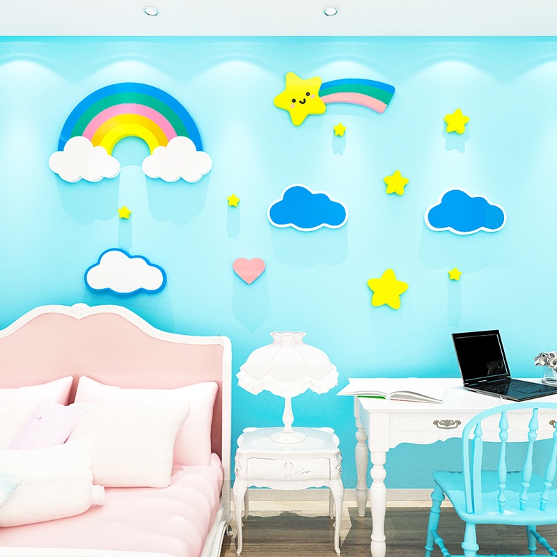 Miếng Dán Tường Trang Trí Hình Đám Mây / Mưa / Mặt Trời Hoạt Hình 3D Bằng Acrylic